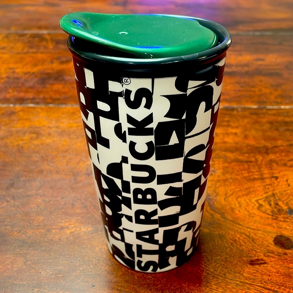Starbucks 2014 Black-White Ceramic Travel Tumbler w/ Original Green Lid, 10oz
